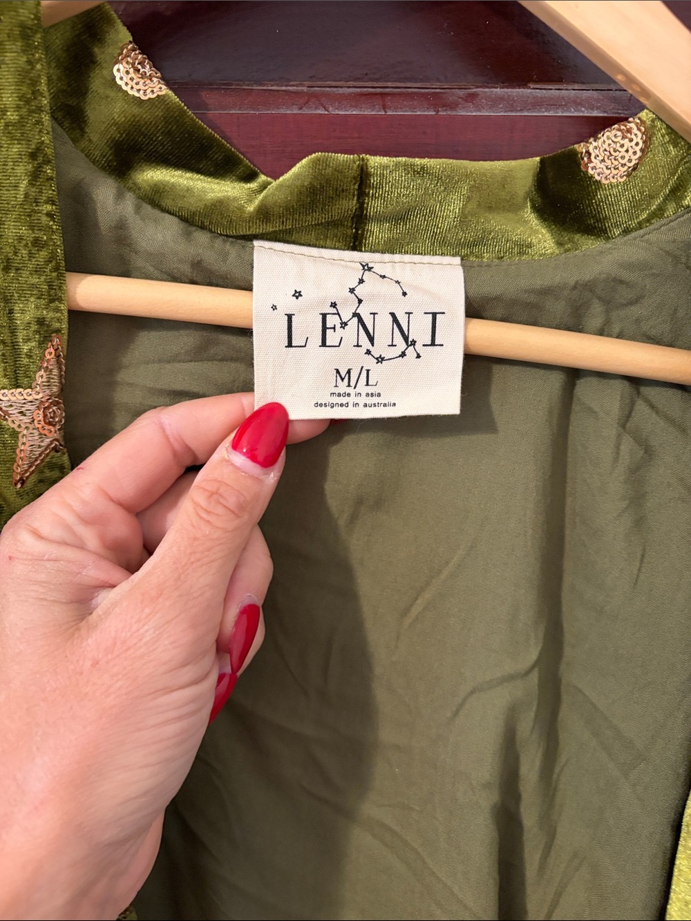 Olive Green Velvet Embroidered Kimono Cape by LES N - Picture 2 of 3